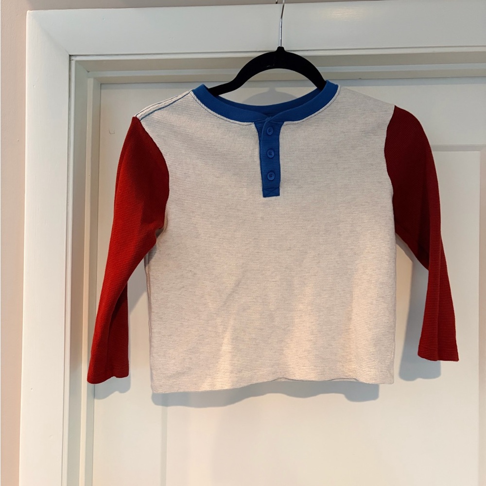 Hanna Andersson Cream Henley Top with Red Sleeves and Blue Trim
